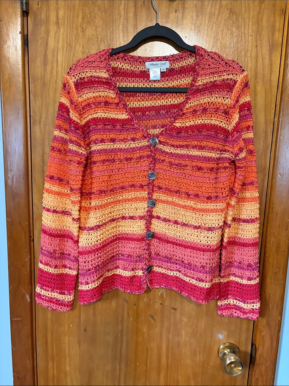 Coldwater Creek Women's Multicolor Striped Crochet Cardigan - Pink/Orange/Yellow